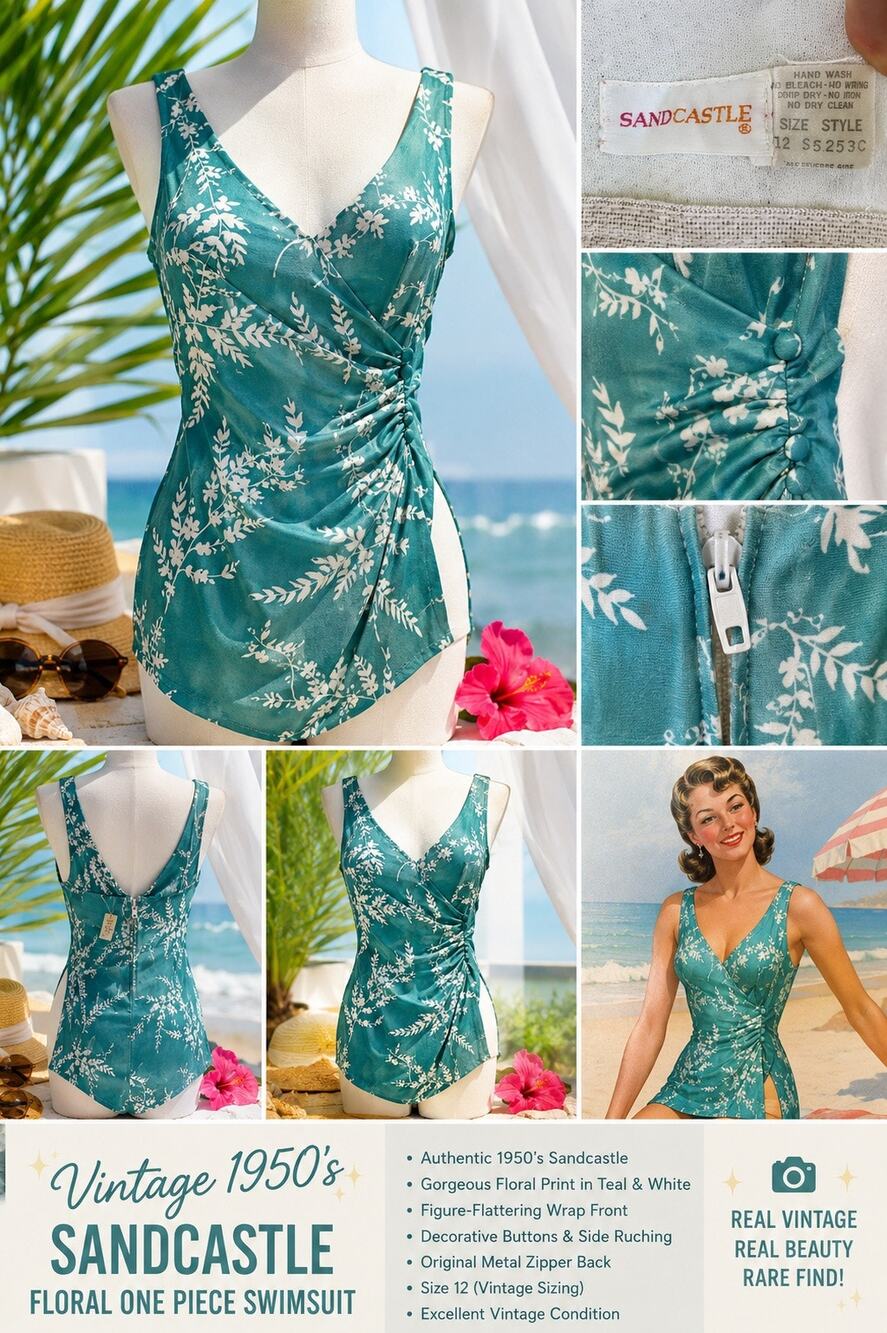 VTG Sandcastle 50's FLORAL TEAL FLORAL ZIPPER ONE PIECE SWIMSUIT 12 small